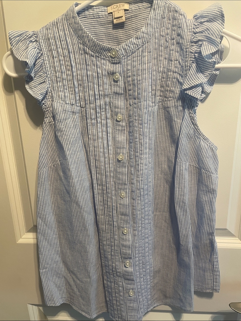 J. Crew Factory Blue and White Pinstripe Ruffle-Sleeve Button Front Top